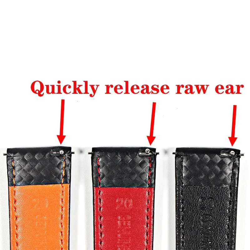 Genuine leather bracelet Carbonfiber grain Watchband 18mm 20mm Red Orange stitching watch band  22mm Quick release watch strap