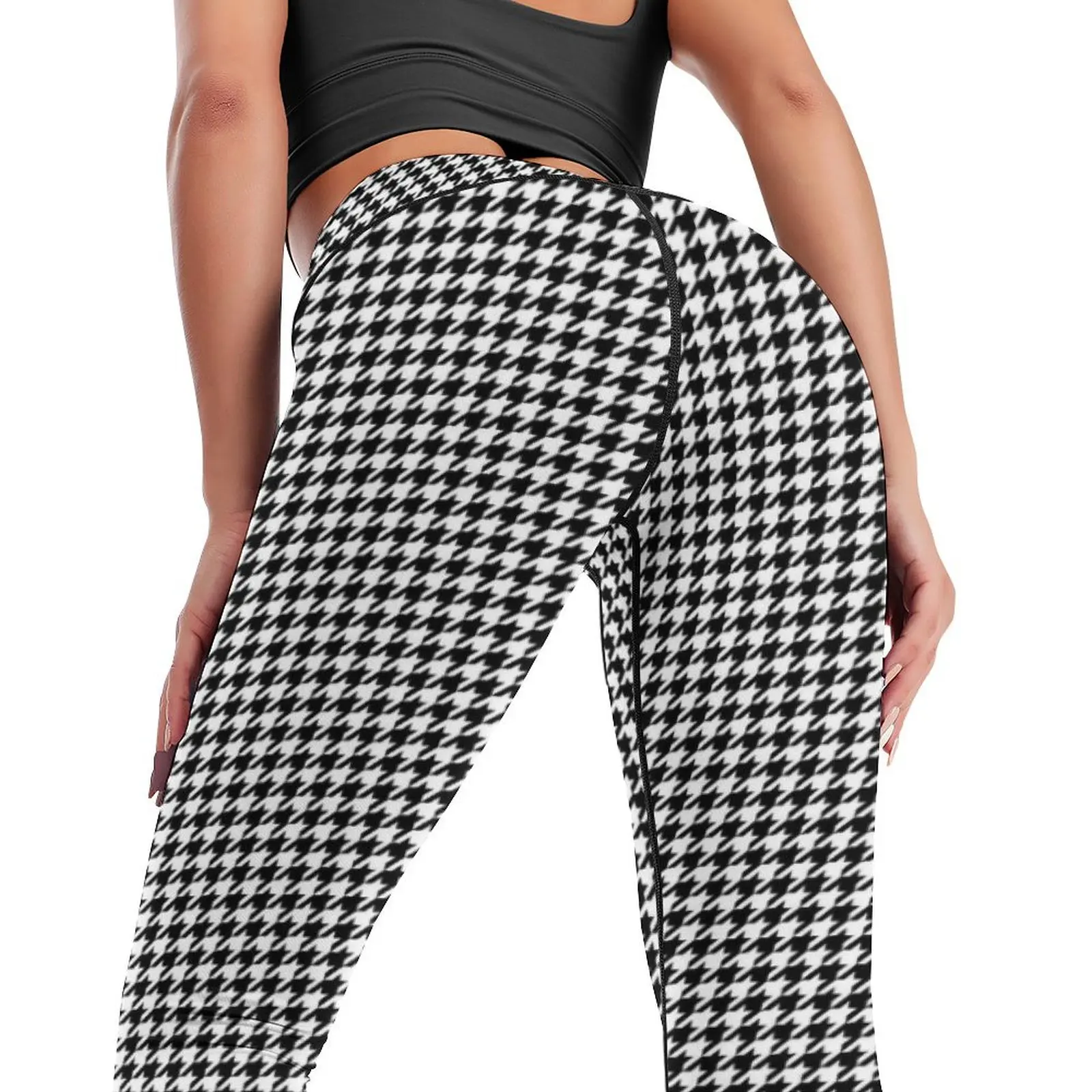 Leggings pied de poule da donna Pantaloni da yoga neri morbidi a vita alta per allenamento atletico da corsa Reg