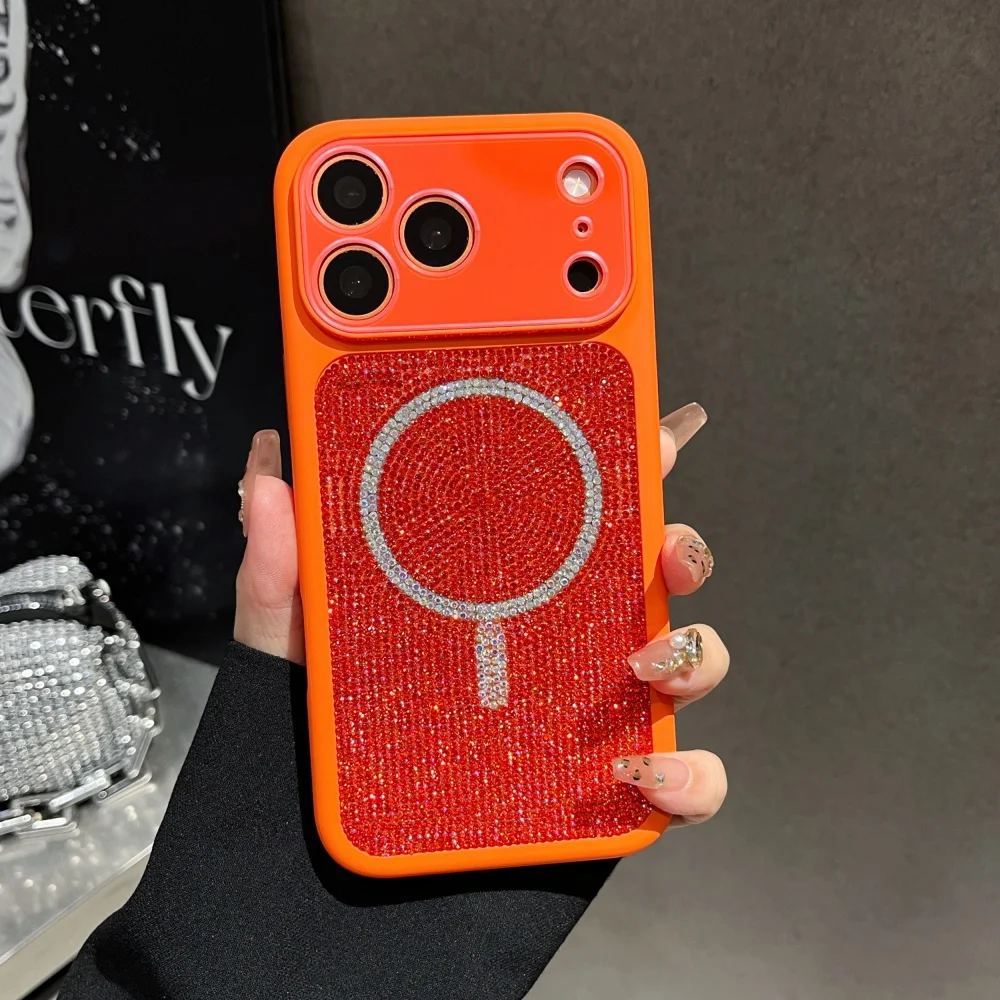 Carcasa Magnética con Brillantina y Diamantes de Imitación para iPhone 17, 16, 17 Pro, 16 Pro Max, Compatible con Carga Inalámbrica Magsafe