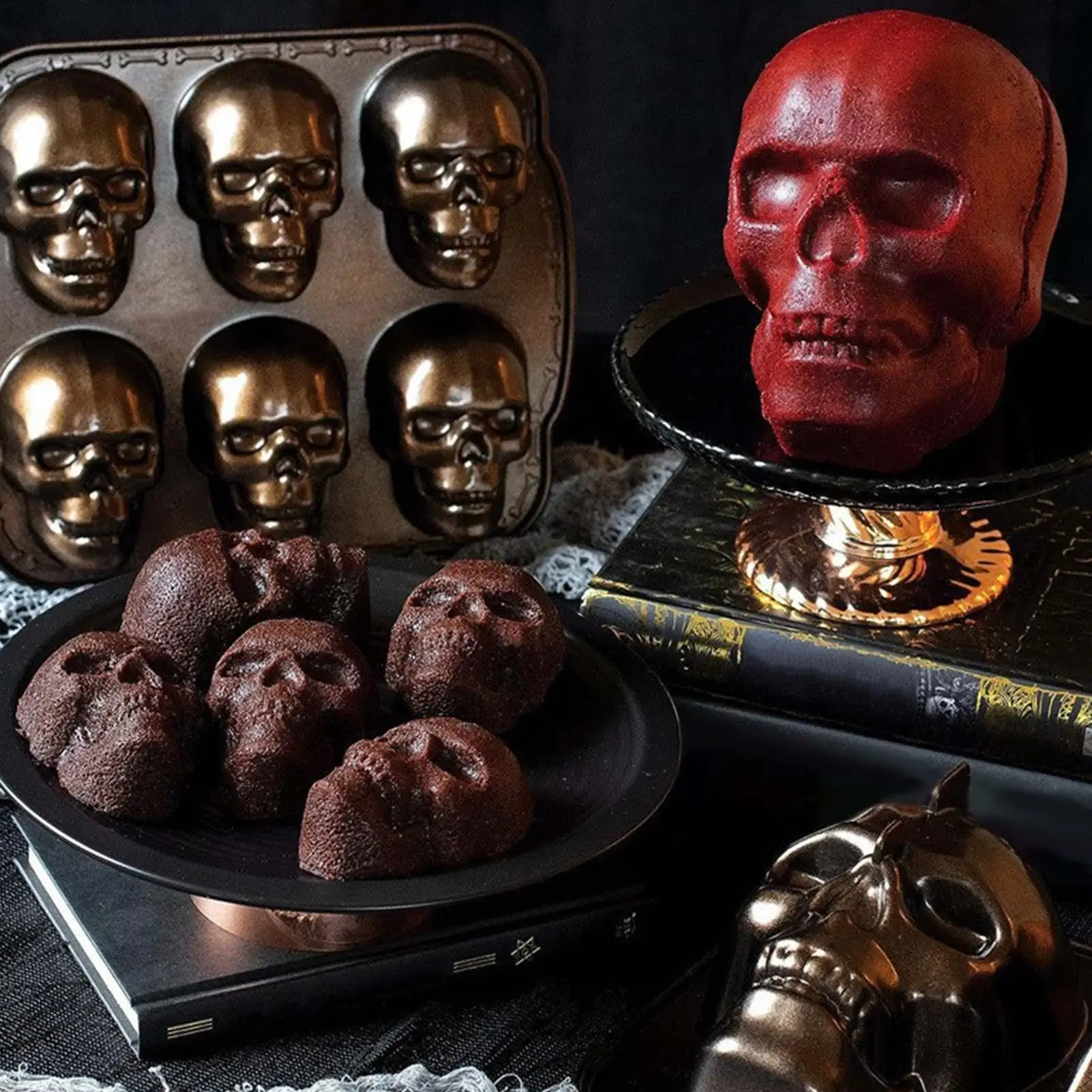 Skull Cake Mold Golden Skull Tray Mold Aluminum Alloy 6 Cavities Creepy Muffin Moulds 3D Skull Cake Tray Kitchen Gadget for