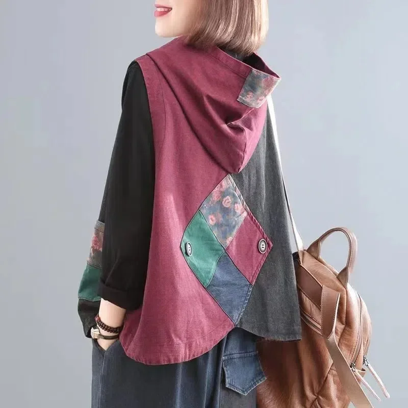 

Denim Vest Women's Hooded Sleeveless Jacket Spring Summer 2025 New Femme Korean Vintage Printed Patchwork Denim Waistcoat ZT436