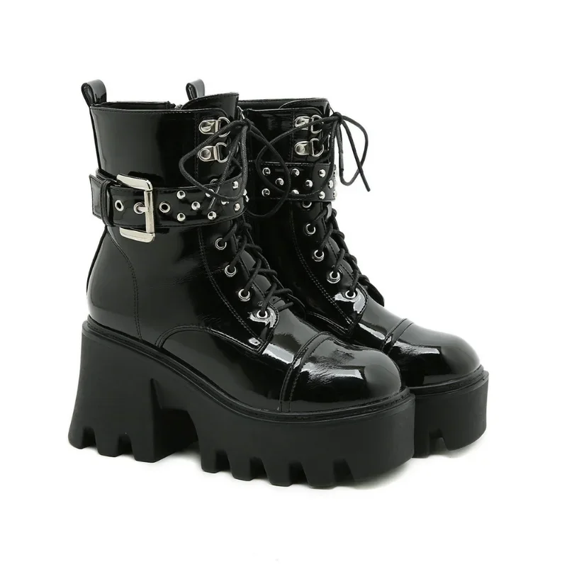 2023 new Fashion Punk Cool Platform Goth Chunky Women Shoes Zipper Buckle Rivet Metal Grunge Fashion Punk Ladies Boots