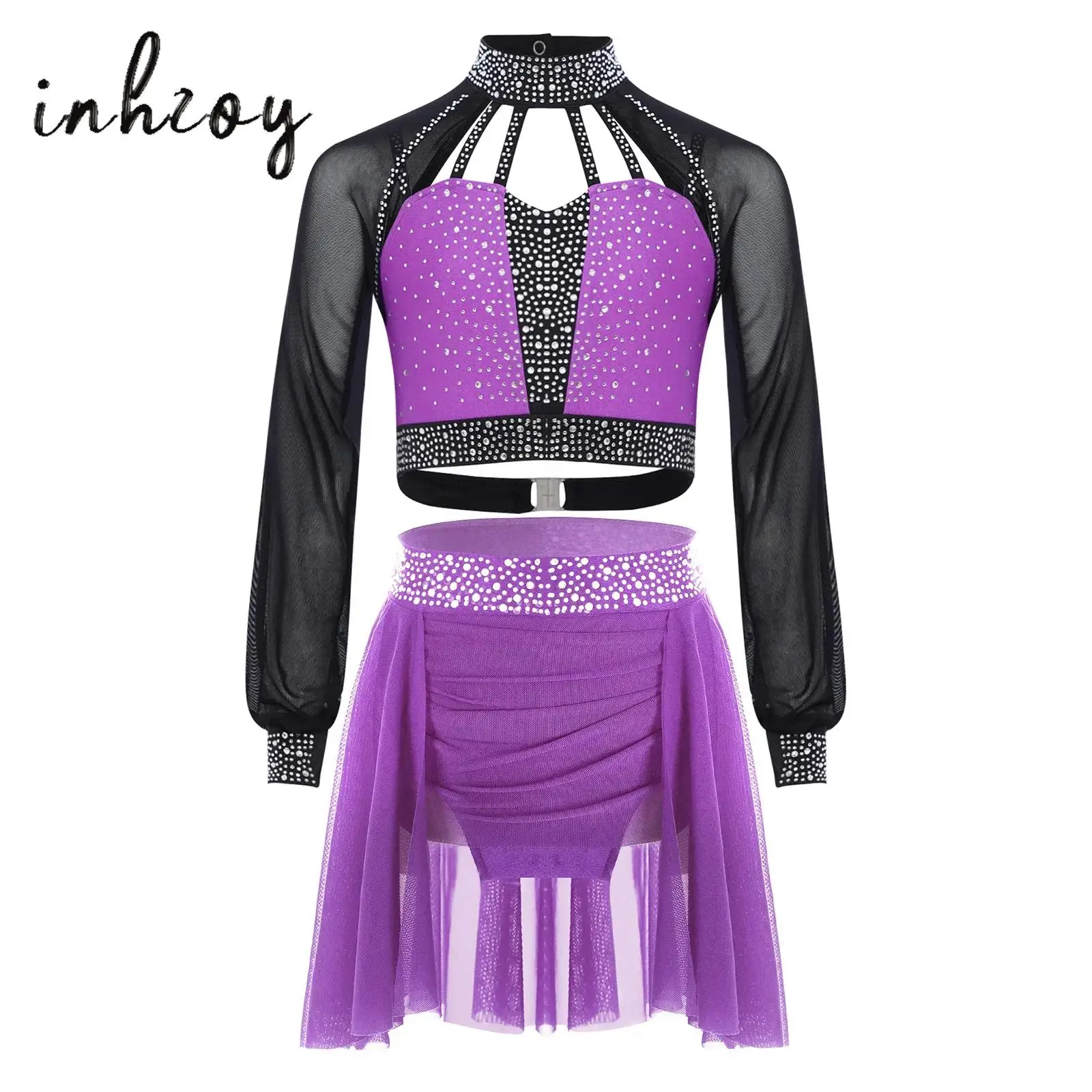 

2Pcs Kids Girls Figure Skating Dance Outfit Long Sleeves Strappy Shiny Rhinestones Color Block Crop Top with Mesh Ruched Skirt