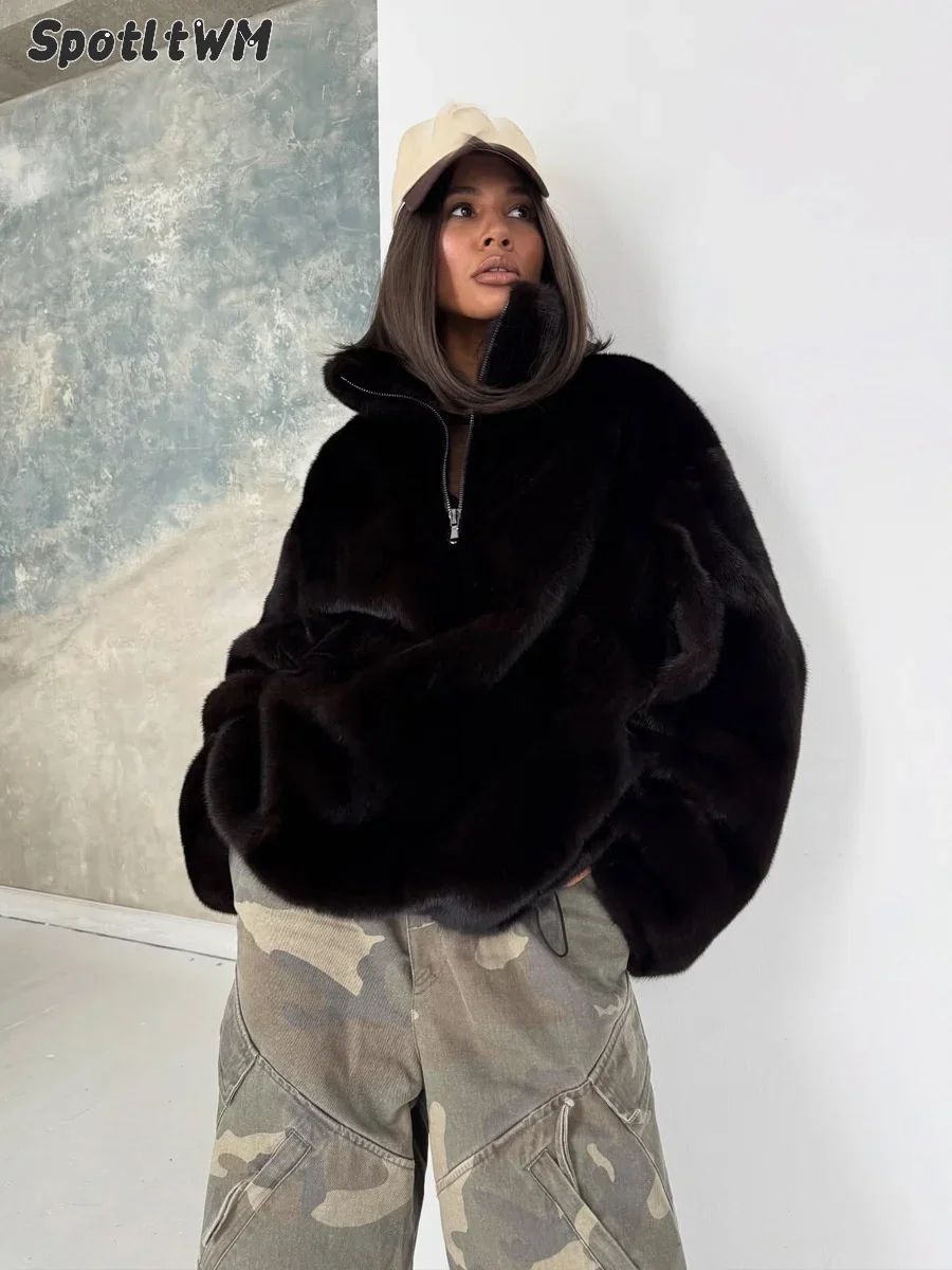 Women Winter Warm Faux Fur Short Coat Hooded Half Zip Front Oversized Long Sleeve Loose Fit Fluffy Furry Street Outerwear 2026