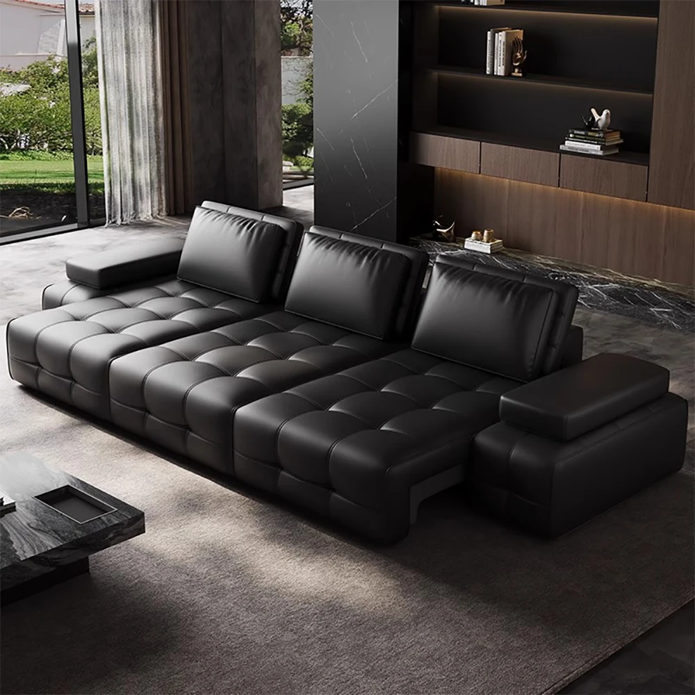 

Function Electric Smart Motorized Extendable Convertible L-Shape Sectional Sofa Bed Top-Grain Nappa Genuine Leather for