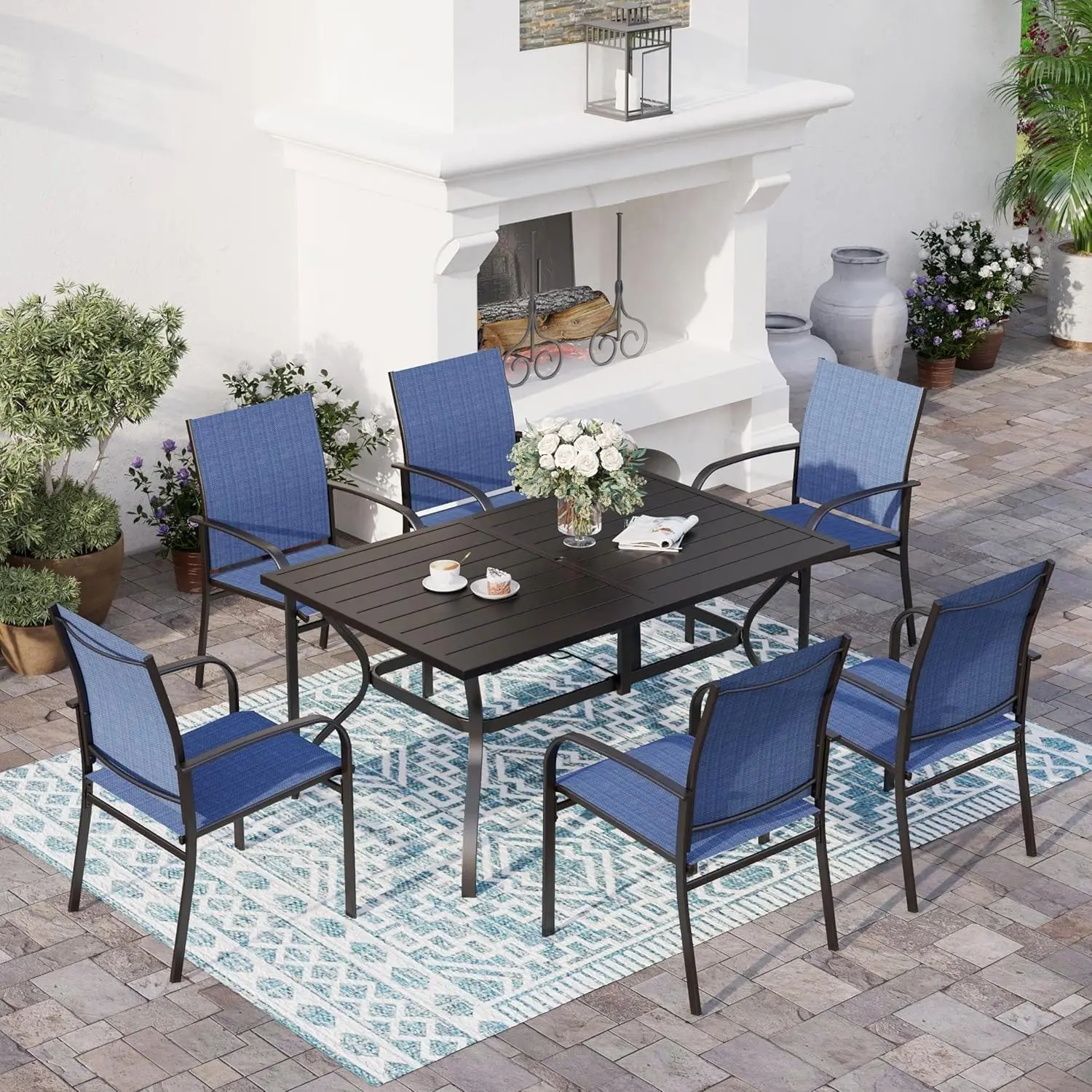 Juego de comedor para exterior de 7 piezas, mesa de comedor de acero con orificio para sombrilla de 1,57" con sillas de 6 piezas, juego de comedor para patio