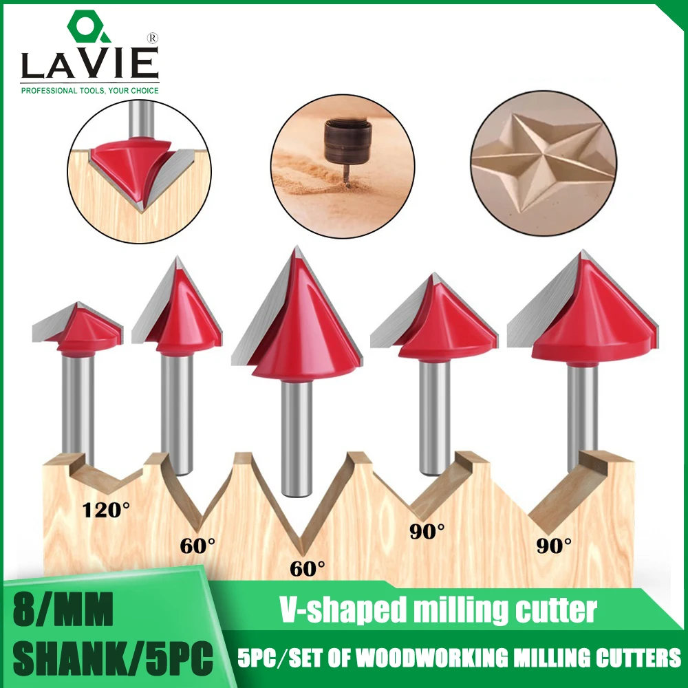 

LAVIE 8mm Shank V-shaped Milling Cutter 5PC/set Woodworking Milling Cutter Cnc Mill Integrated Board Folding Knife Woodworking