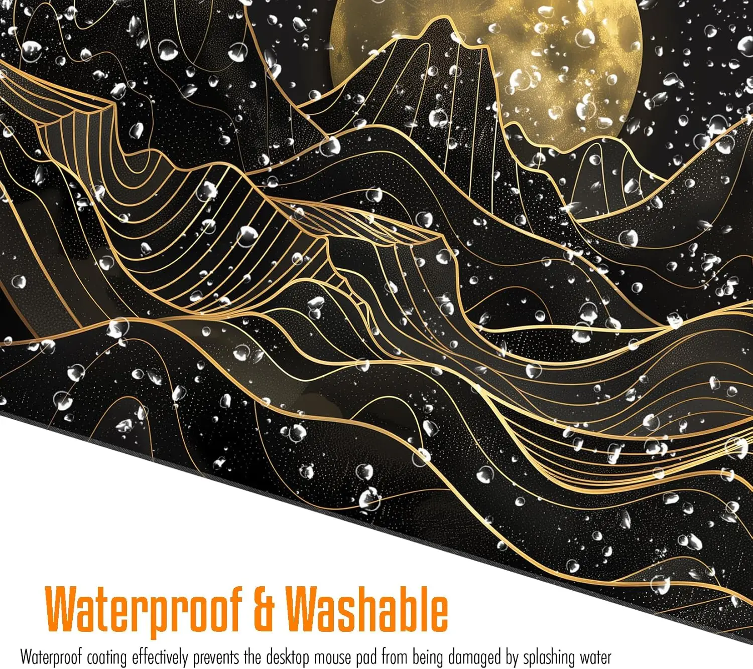 لوحة ماوس الرسوم المتحركة اليابانية باللونين الأسود والذهبي - سجادة مكتب مقاومة للماء وغير قابلة للانزلاق مع حواف مخيطة