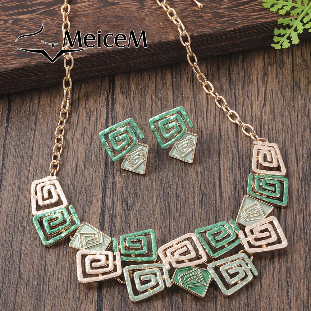 MeiceM Jewelry Set Zinc Alloy Colorful Geometric Irregular Spiral Design Necklace And Earrings Temperament Jewelry Set For Women