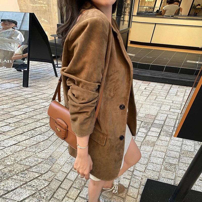 100% echtes Leder Blazer Jacke für Frauen Retro Braun Hohe Luxus Kid Wildleder Weibliche Casual einreiher Lose Anzug mäntel