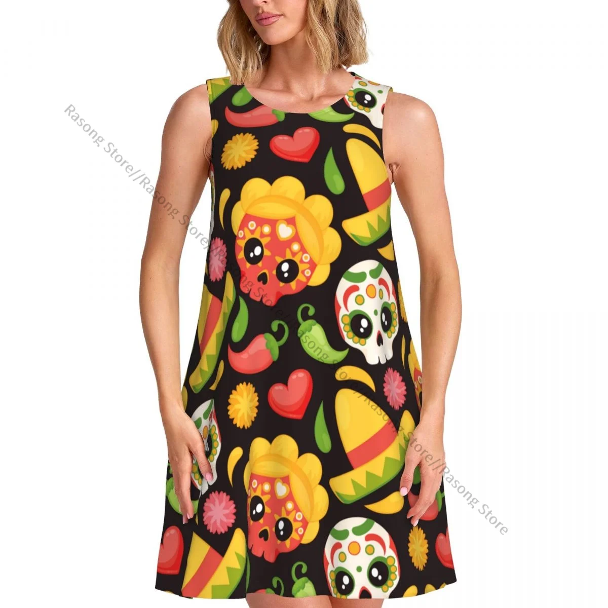 ชุดสตรีเม็กซิโกหมวก Skulls องค์ประกอบฤดูร้อน Casual T เสื้อชายหาด COVER UP ชุดถัง