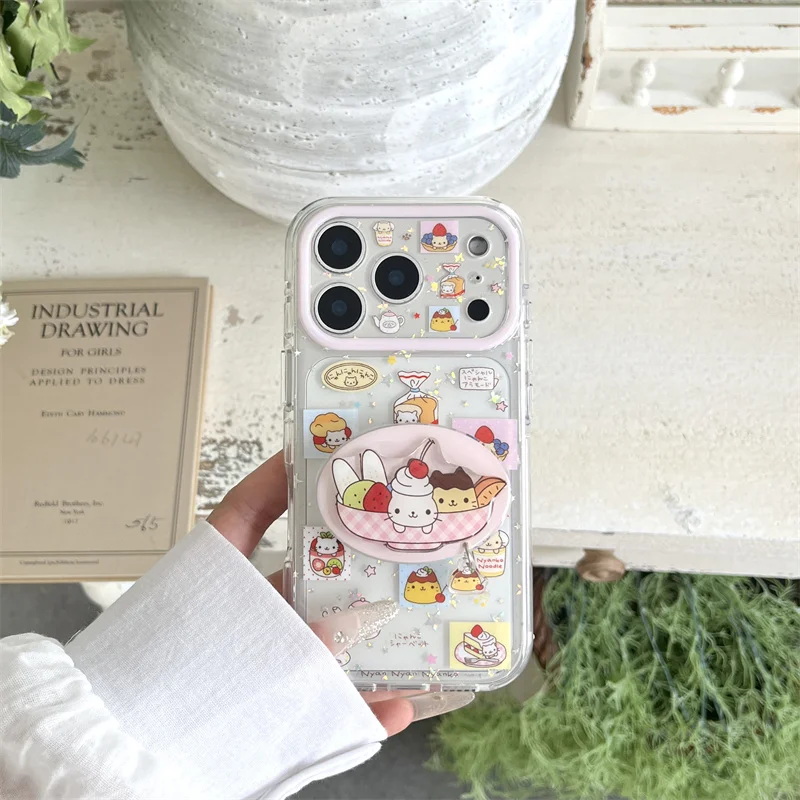 

Kawaii Cat Phone Case For iPhone 17 16 15 Pro Max With Dessert Cat Bubble Stand Pendant Cute Bakery Cartoon Shockproof Cover