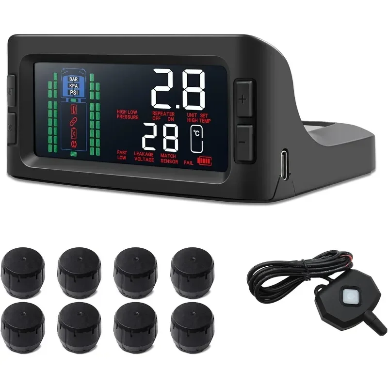 Tire Pressure Monitoring System Solar TPMS with 8 Sensors & Signal Booster for RV Trailer Trucks, 3.3inch Large Screen