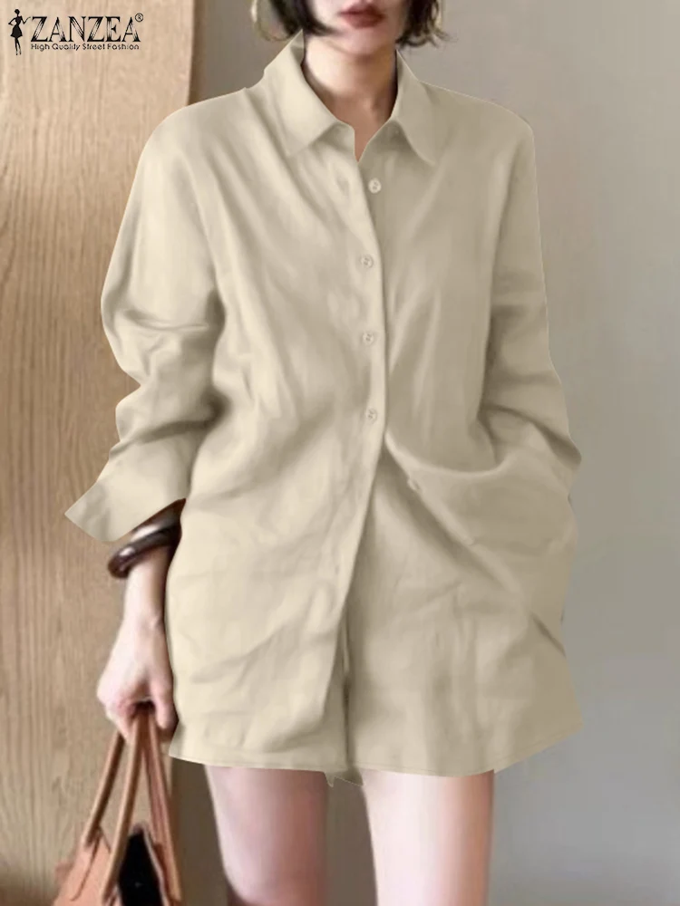 

ZANZEA Long Sleeve Long Shirts Elastic Waist Shorts 2pcs Short Sets 2025 Spring Summer Casual Women's Solid Color 2-Pieces Suits