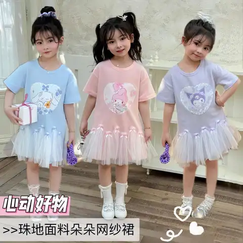 Sanrio My Melody Girl Kuromi 반팔 티셔츠 드레스 Cinnamoroll 여름 귀여운 만화 핫 메쉬 공주 스커트 아동 스커트