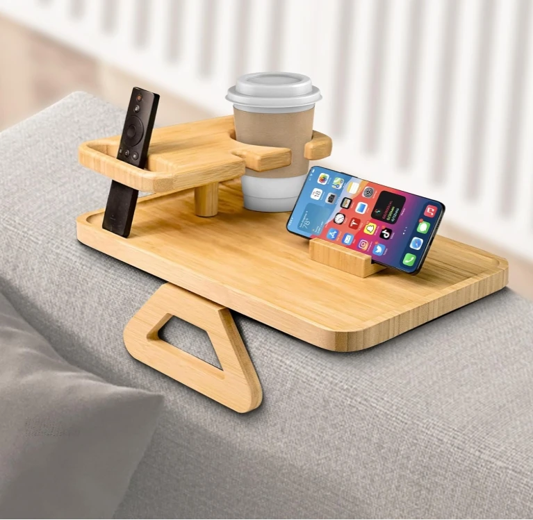 

Eco-Friendly Bamboo Couch Arm Tray with Cup Holder ,Versatile Non-Slip Sofa Armrest Organizer