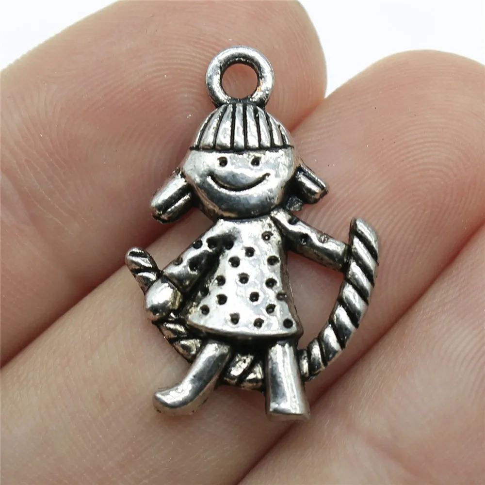 WYSIWYG 10pcs 26x18mm Antique Silver Color Rope Skipping Girl Charms Pendant For DIY Jewelry Making Jewelry Craft Findings