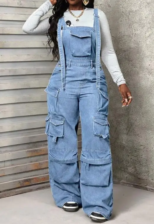 متعددة الاستخدامات واسعة الساق الدنيم وزرة فضفاضة الدنيم بذلة بذلة العمل السراويل #4