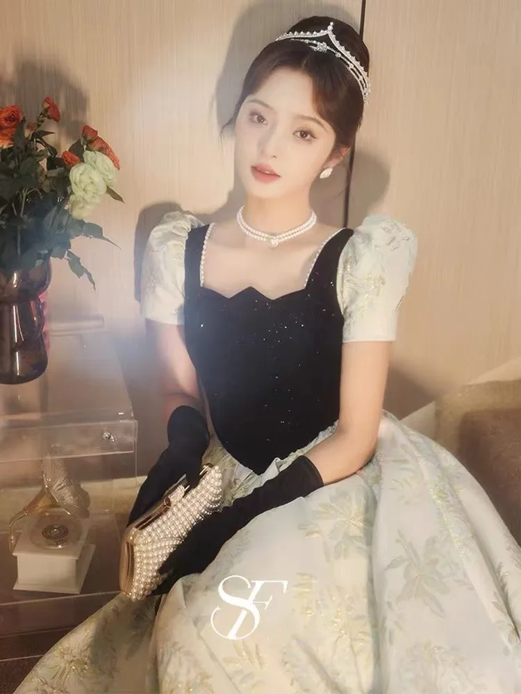 

Elegant Women Square Collar Evening Dresses A-Line French Style Puff Sleeve Lace Up Graduation Birthday Prom Party Gown Clothing