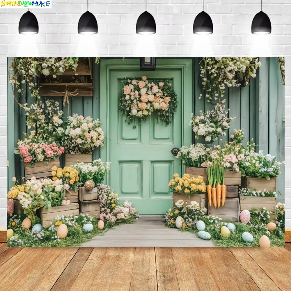 

Spring Easter Photography Backdrop Wooden Door Bunny Colorful Eggs Flowers Carrots Rabbit Kids Birthday Party Background ET-01