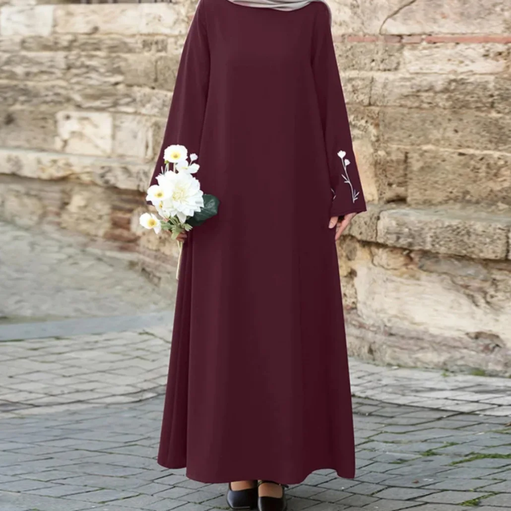 

New Ramadan Muslim Women's Luxury Comfortable Loose Casual Solid Color Embroidered Dubai Islamic Saudi Arabia Large Size Dress