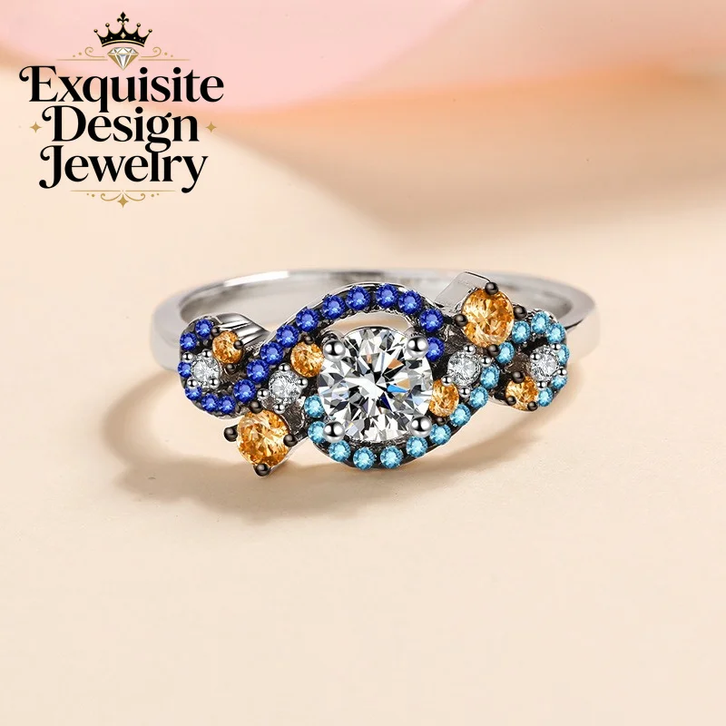Exquisite Platinum PT950 Women’s Angel Eye Color-Block Micro-Set Moissanite Ring Candy Color-Block Diamond Ring Jewelry Gifts