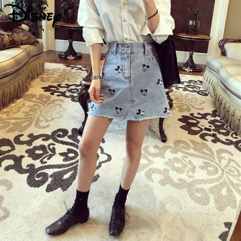 Disney Mickey Embroidered Denim Short Skirt Women Korean Version High Waist Student Skirt Spring Summer New Fashion A-line Skirt