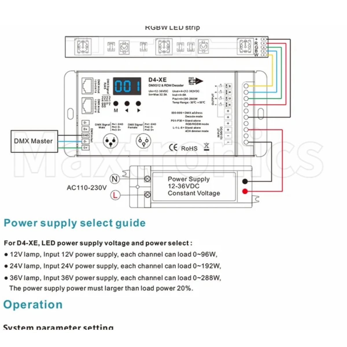 DMX512 RDM LED Decodificador Controlador D4-XE 4CH PWM Tensão Constante CV Com Display Digital XLR3 RJ45 DC12V 24V 36V Entrada 8A * 4CH