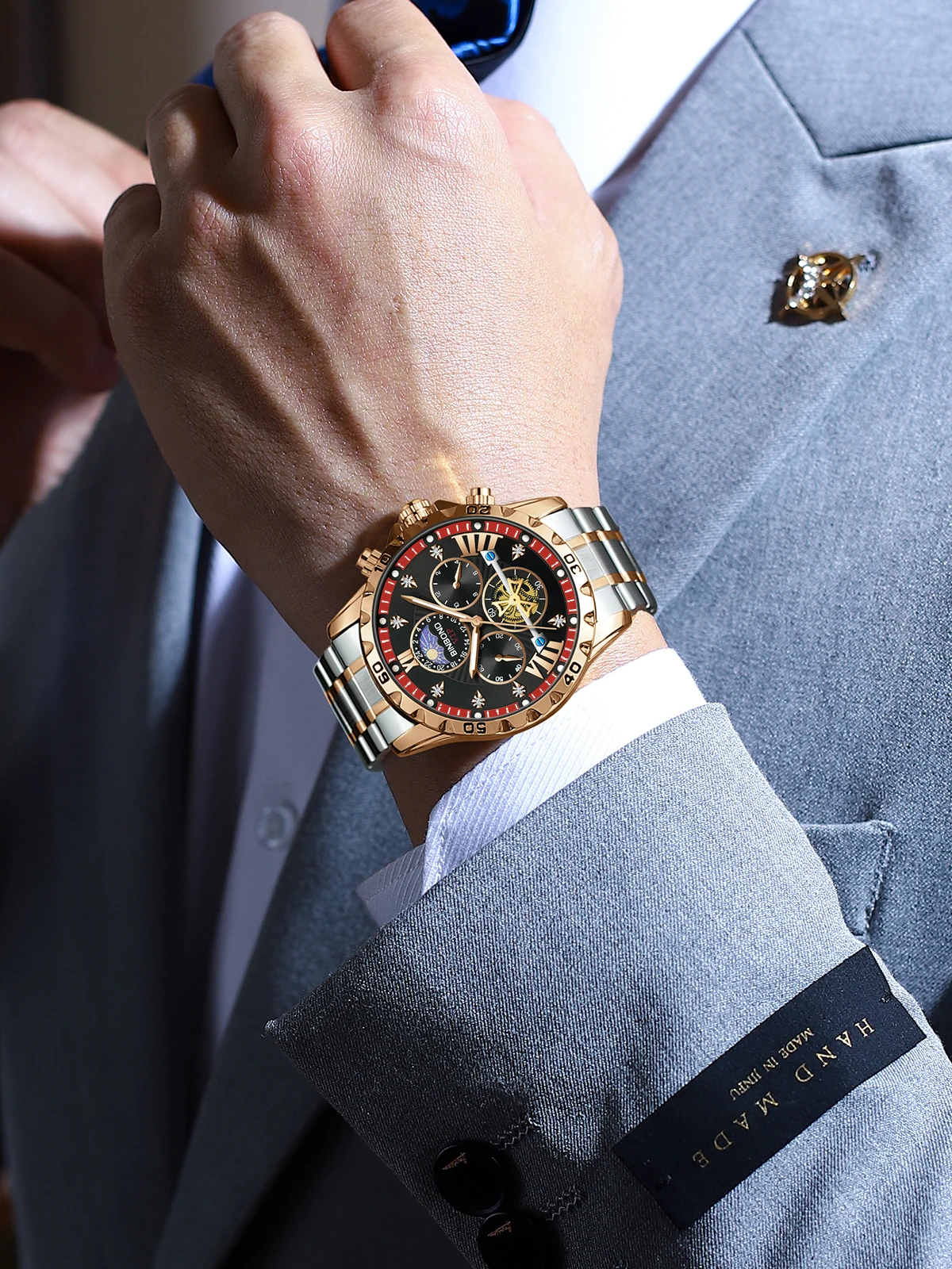 BINBOND Tourbillon Orologio da lavoro Impermeabile Luce notturna Data Orologio da uomo con striscia in acciaio Orologio da uomo di moda di lusso