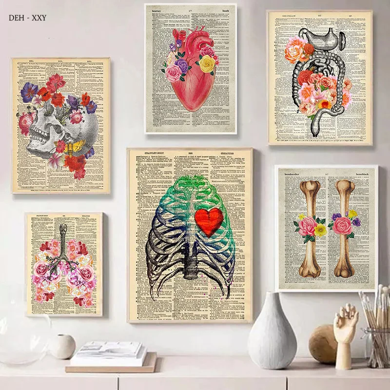 Human Organs Flower Art Canvas Painting Vintage Medical Anatomy Pictures on The Wall Posters Cuadros Hospital Clinic Wall Decor