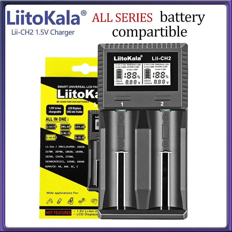 LiitoKala Lii-CH2 LCD 스마트 배터리 충전기, 1.5V 리튬 이온 NiCd NiMH AA AAA 10440 14500, LiFePO4 충전식 배터리, 1-5 개