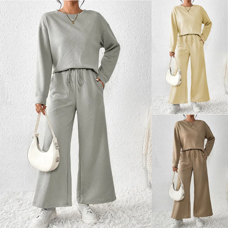 

Jogger Casual Sweatshirt With Wide Leg Pant Sets Women Autumn Round Neck Tops Tracksuit Multicolored Activewear 2 Piece Sets