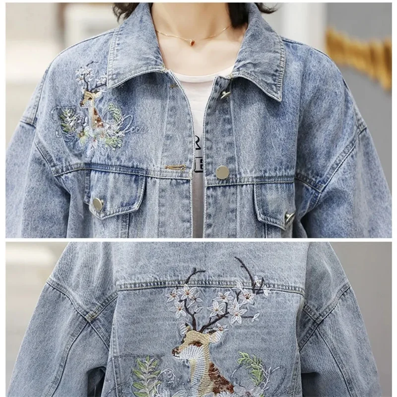 2025 New Denim Jacket Flower Embroidery Hole Design Jean Coat Causal Long Sleeve Women Outwear Short Fashion Top Clothes W1893