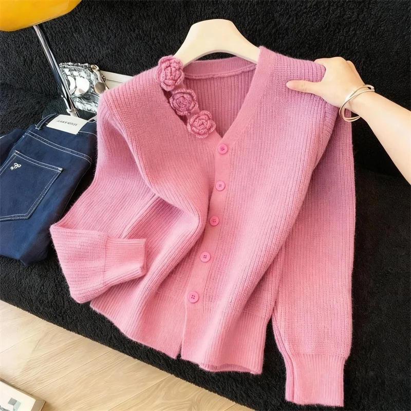 Fashion Three-dimensional Flowers Thick Cardigan Sweater Women's Autumn and Winter Waist Knitting Loose Cardigan Sweater Coat