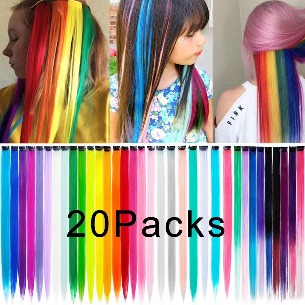 Extensión de cabello sintético colorido para niñas y niños, postizo falso con Clip de arcoíris, una pieza, resaltado recto, 22 pulgadas, 20 paquetes