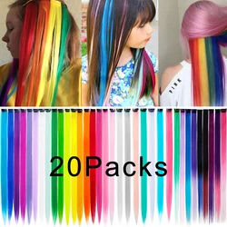 20Packs Rainbow Clip on Hair One Piece Straight Highlight Fake Hairpiece 22inch Synthetic Colorful Hair Extension For Girls Kids