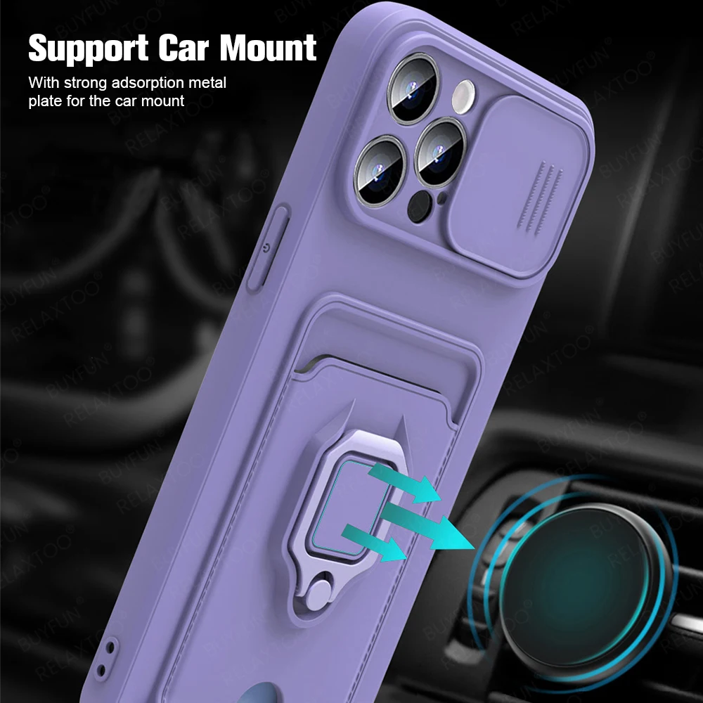 For iPhone 16 Pro Max Case Push Camera Shockproof Soft Cover iPhone16 Plus iPhone16Pro Car Magnetic Card Slot Ring Stand Fundas