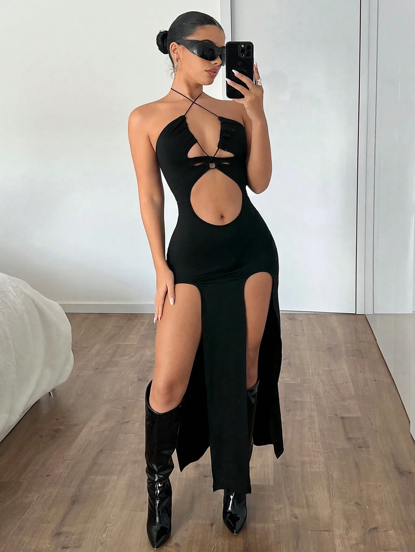 

Black Halter Neck Cutout High Slit Bodycon Dress for Women