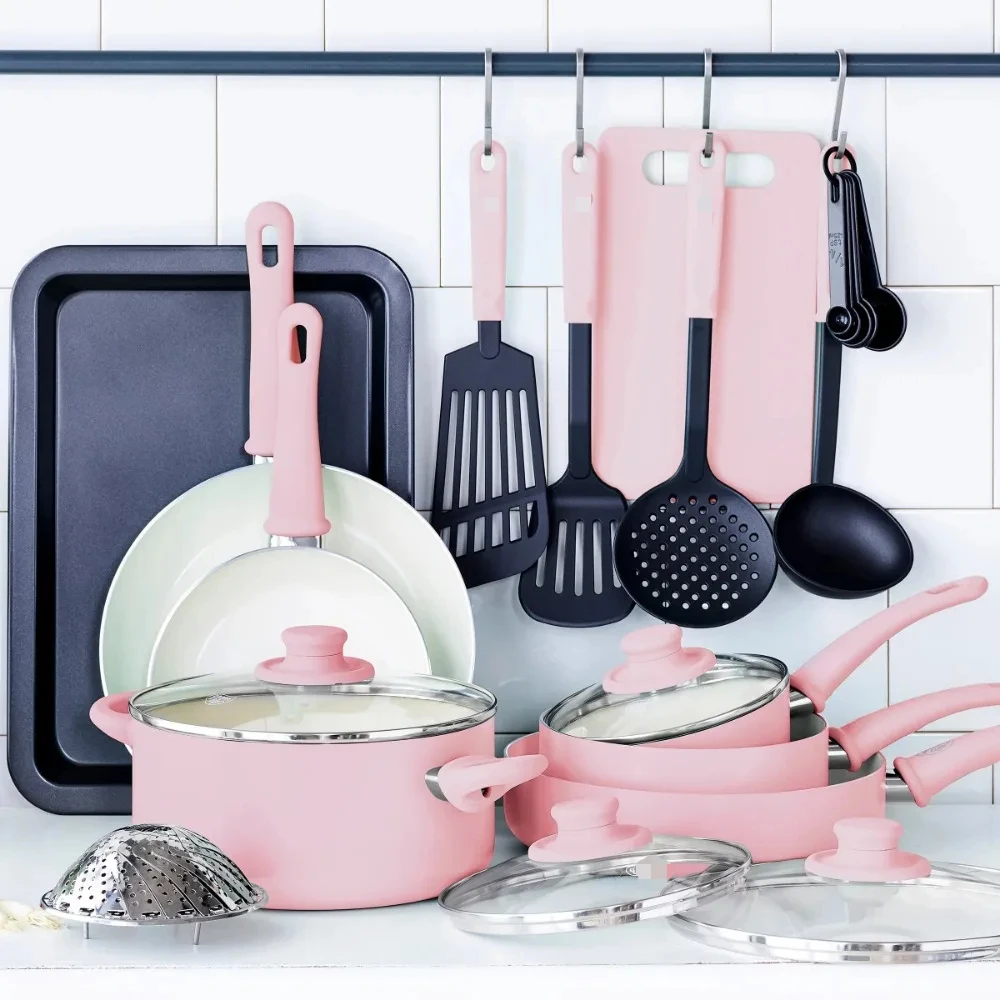 Cooking Pots Set Kitchen Cookware Kit Pink Pots Sets for Cooking Soft Grip 18 Piece Cookware Set Pan Kits Pot Pans