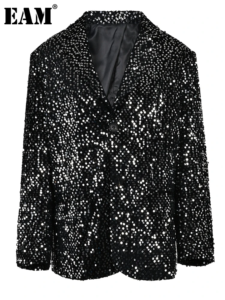 [EAM] Women Black Sequins Shining Big Size Blazer New Lapel Long Sleeve Loose Fit Jacket Fashion Spring Autumn 2024  CPG0019