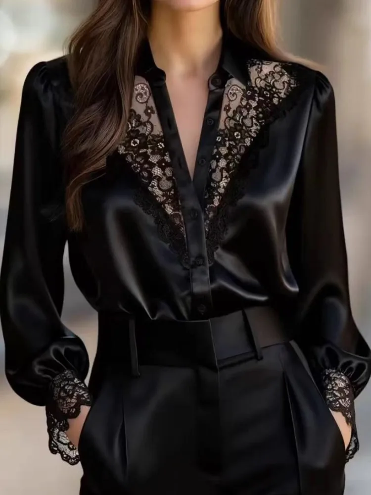 

Sexy Lace Patchwork Shirt For Women Fashion Long Sleeve V Neck Button Shirts Tops Lady Chic Office High Street Women's Clothing