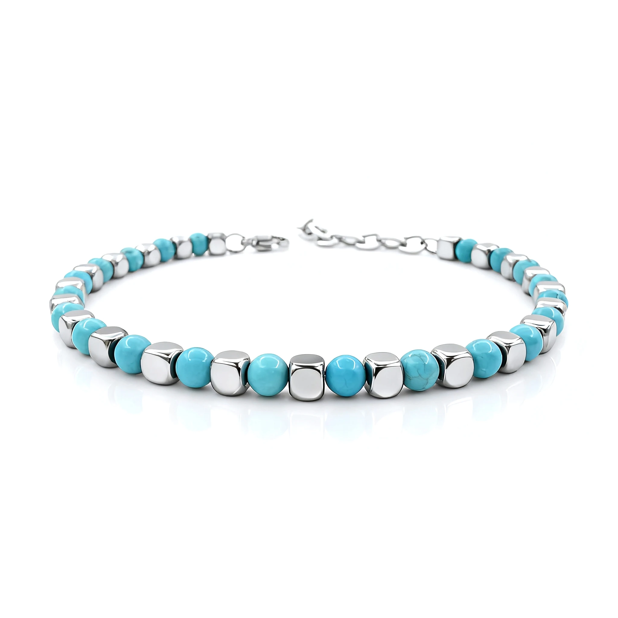 Runda 4mm Natural Stone Turquoise Men's Bracelet with Stainless Steel Adjustable Fashion Charm Bead