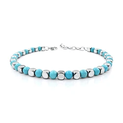Runda 4mm Natural Stone Turquoise Men's Bracelet with Stainless Steel Adjustable Fashion Charm Bead