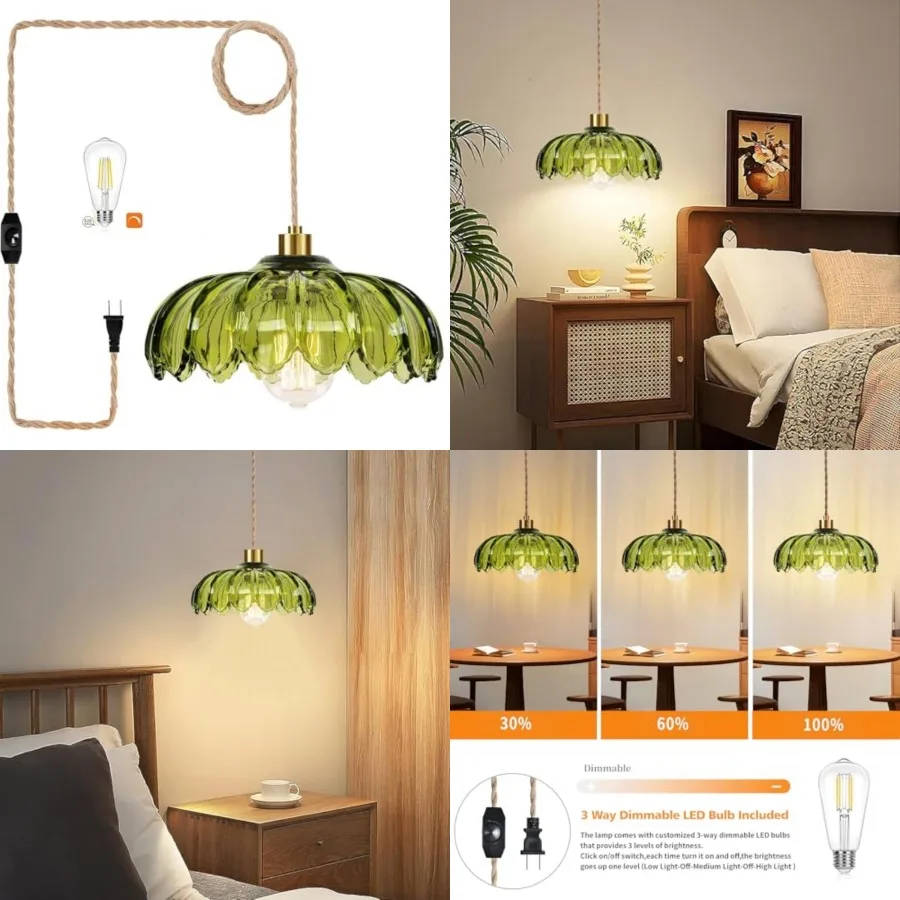 

Plug in Pendant Light Hanging Lights with Plug in Cord Boho Hanging Lamp Glass Gold Mid Century Modern Vintage Dimmable Green F