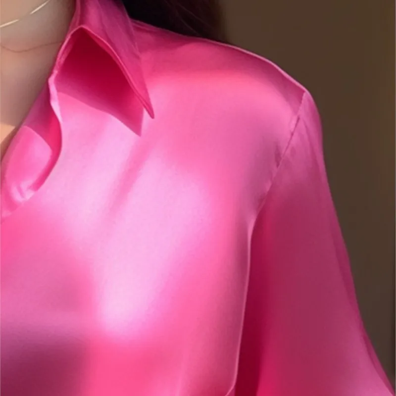 Acetate Satin Pink Shirt Women's Small Fried Street Loose Slimming Casual