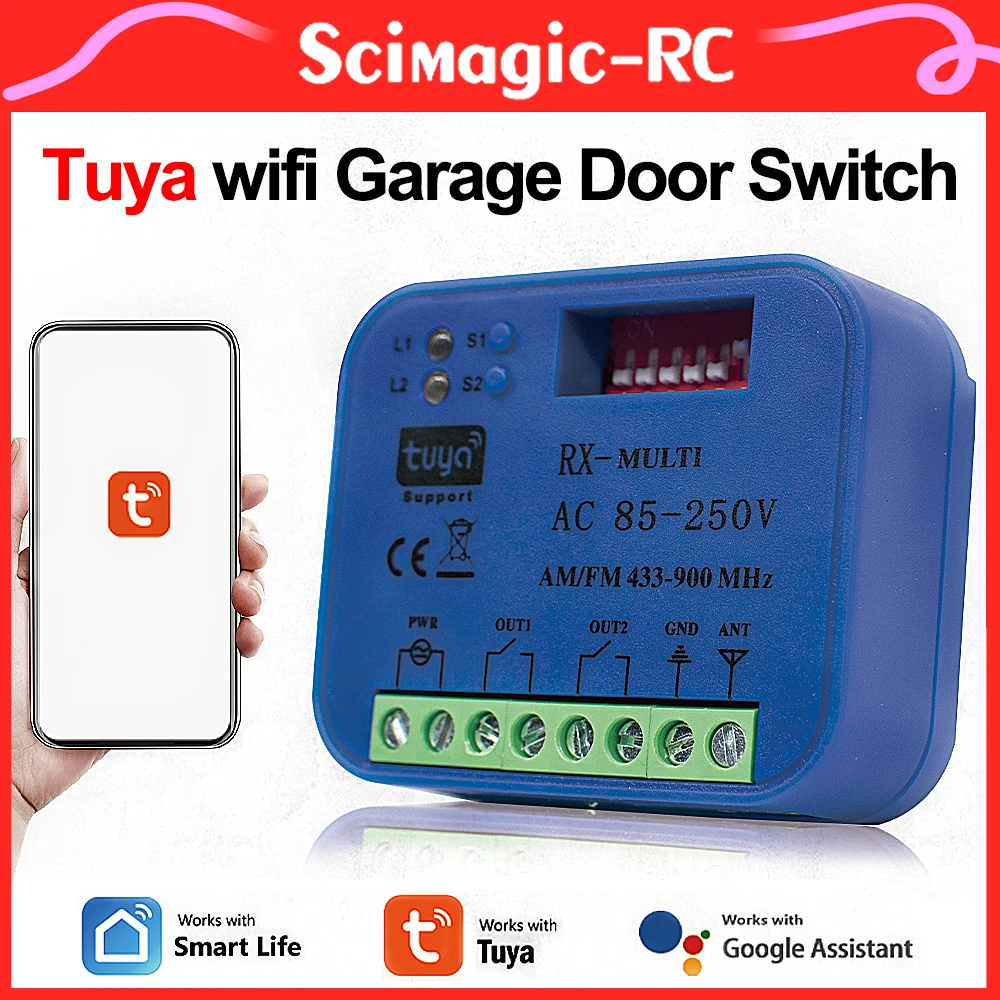 

Tuya WiFi Garage Door Switch 433-900MHz AC/DC 9-30V Or 85-250V 2CH Smart Receiver Controller for Smart Life Alexa Google Home