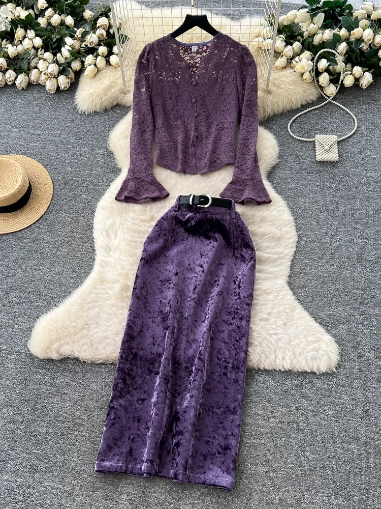 

Elegant Lace Long Sleeve Top And High Waist Velvet Skirt Two Piece Set Women's Fashion High Waist Slim Fit Autumn Outfit