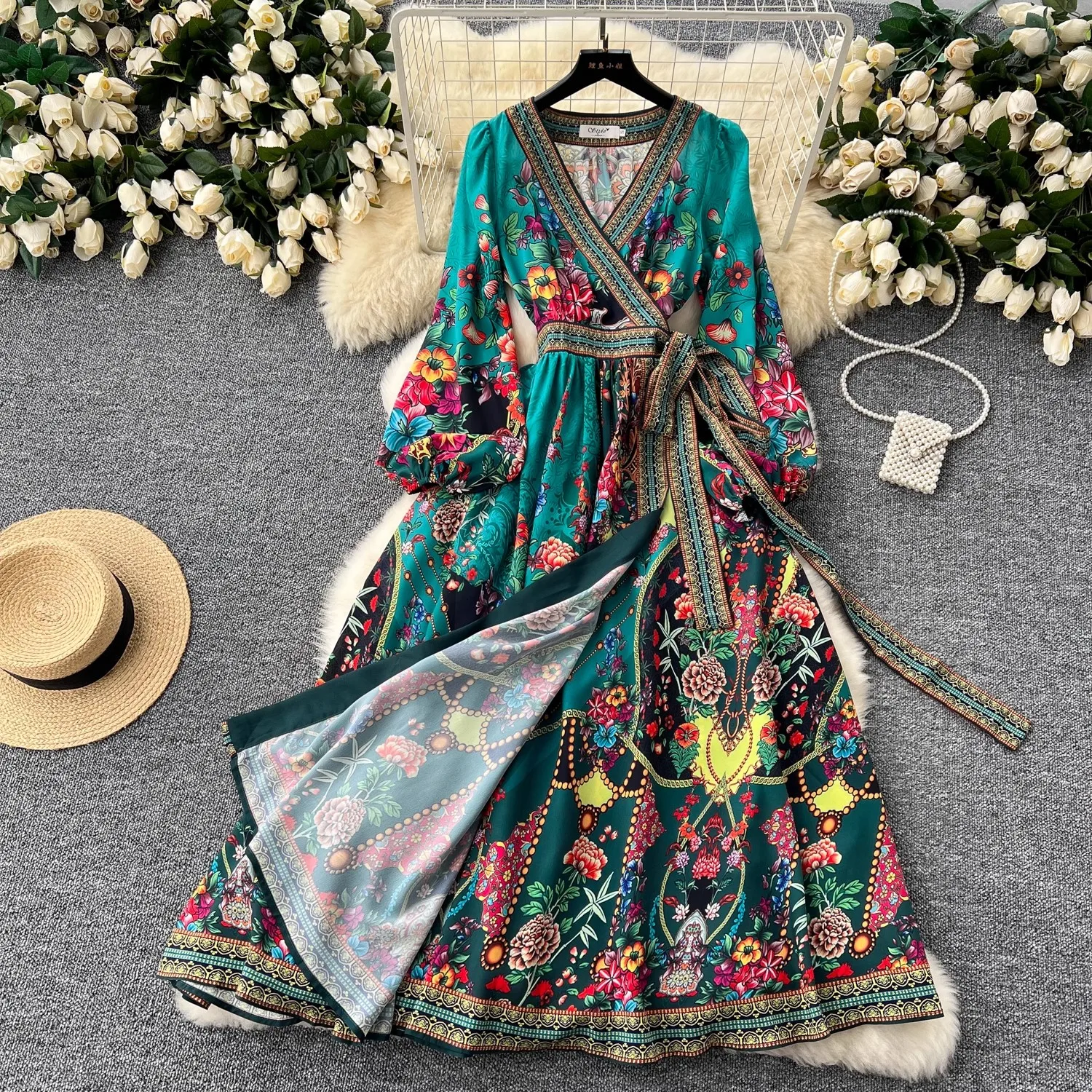 2024 Holiday Gorgeous Flower Robe Dress Women's Cross V Neck Long Lantern Sleeve Floral Print Belt Lace Up Maxi Party Vestidos