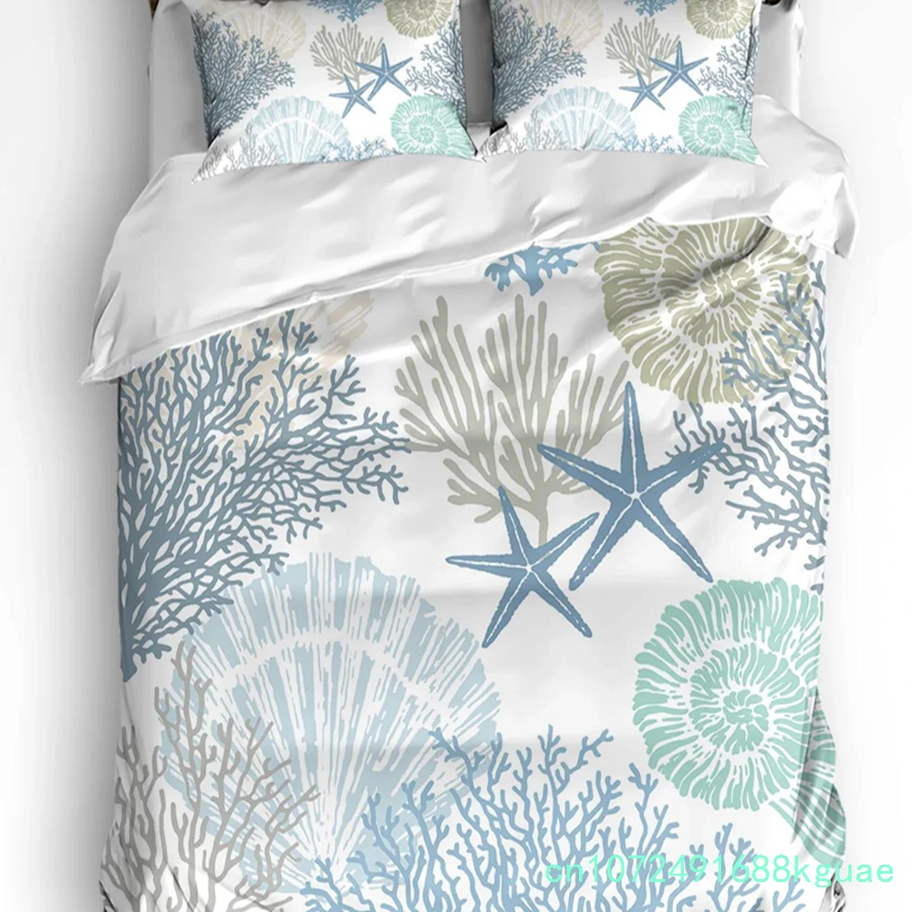 Blue Marine Coral Shells Starfish Duvet Cover With Pillow Case Custom 3pcs Bedding Set Quilt Cover Double Bed Home Textile