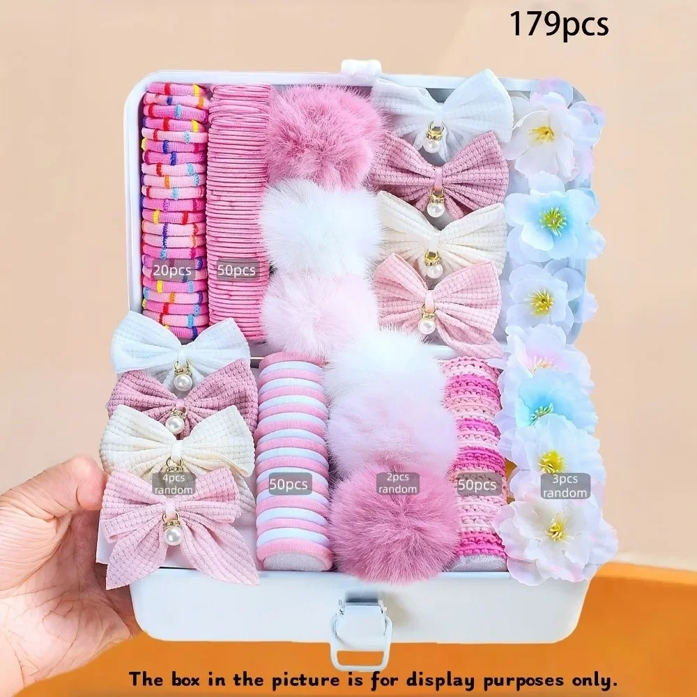 179-teiliges Set Neue Bunte Haaraccessoires für Mädchen, Schleifen- und Blumenform, Elastische Haargummis, Haarspangen, Haarstyling für Mädchen